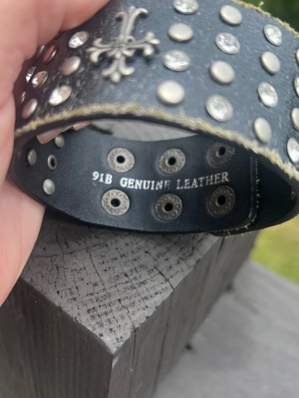 Distressed Genuine Leather Cross Studded Cuff Bracelet